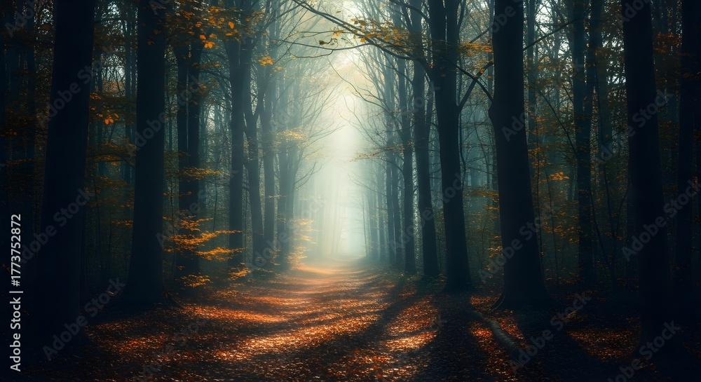 Naklejka premium Sunlight streams through a dense forest path illuminating autumn leaves on the ground