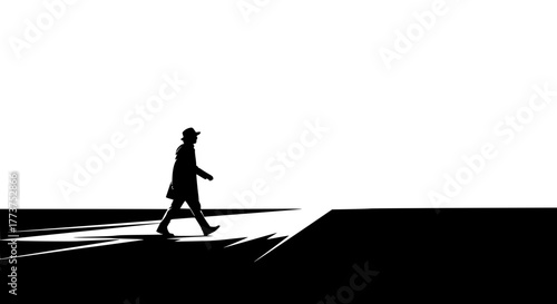 Monochrome vector of a person walking alone on an empty road, isolated silhouette