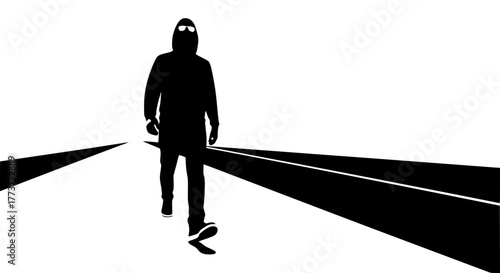 Monochrome vector of a person walking alone on an empty road, isolated silhouette