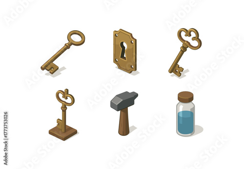 isometric icon items isolated on white background old key antique lock plate old key keyhole cover old key wrought iron design old key display stand old key forging hammer old key corrosion