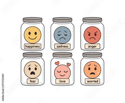 emotions stored glass jars labeled with feelings emotional awareness and self reflection concept flat vector illustration style isolated on white background