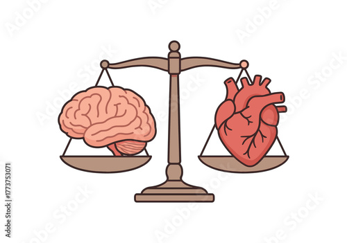 human brain and heart forming balanced scale emotional logic harmony and intelligence metaphor flat vector illustration style isolated on white background