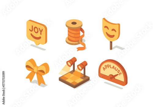 isometric icon items isolated on white background joy laughter echo chamber joy ribbon streamer spool joy smile mask prop joy gift ribbon bow joy dance floor lights joy applause meter gauge