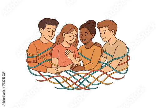 emotions shown as colorful weaving people together social intelligence and empathy concept flat vector illustration style isolated on white background