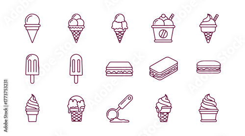 Set of line stroke icons showcasing ice cream. Simple symbols ideal for app development and web design. Vector outline pictograms isolated on a white backdrop. A bundle of stroke icons.