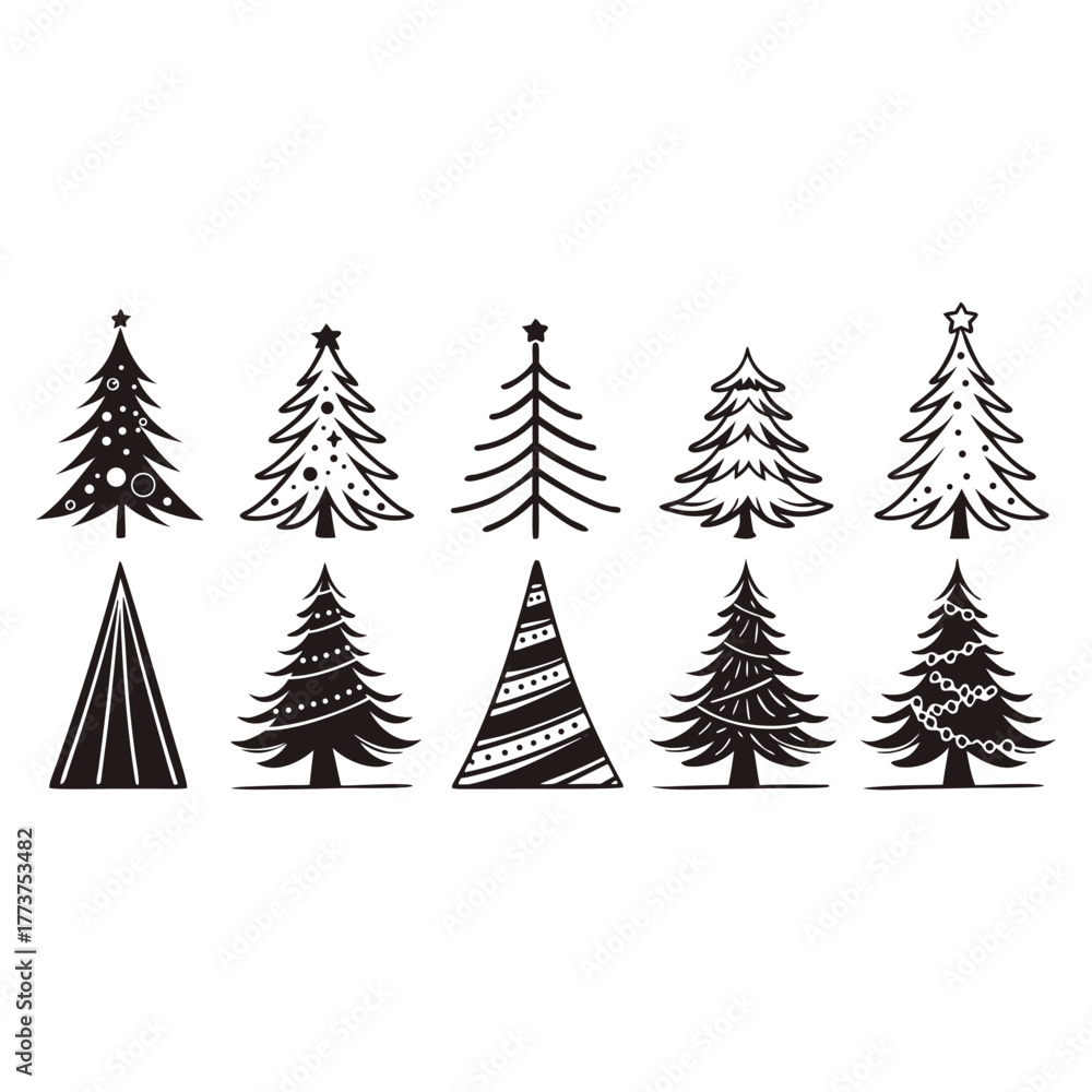 Obraz premium Collection of Stylized Black and White Christmas Trees Keywords: christmas, tree, xmas, holiday