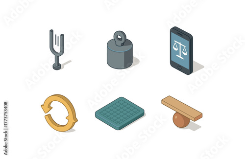 isometric icon items isolated on white background balance tuning fork balance compensation balance calibration app balance feedback loop balance floormat sensor balance pivot joint