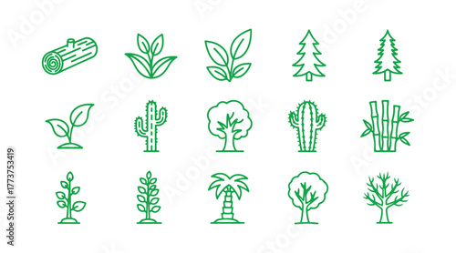 Tree Vector Line Icon Pack. Includes icons such as Wood, Plant, Pine, Cactus, Bamboo, and more.


