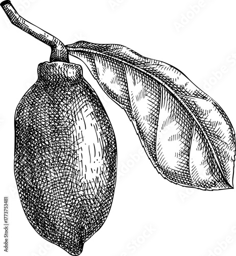 Cupuacu - tropical plant sketch. Super fruit hand drawn vector illustration. Amazonian food drawing. NOT AI generated