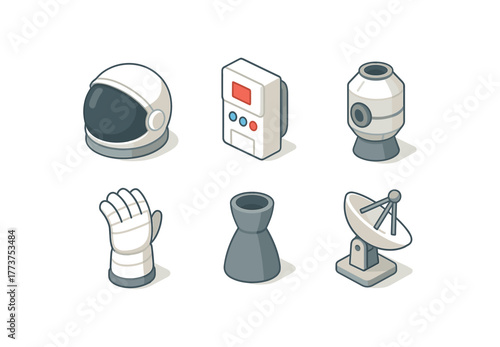 isometric icon items isolated on white background astronaut helmet visor astronaut life support pack astronaut spacecraft module astronaut glove pressurizer astronaut thruster nozzle
