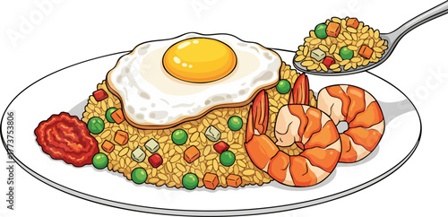 Nasi Goreng Udang (Shrimp Fried Rice) with sunny-side-up egg, digital illustration, isolated.