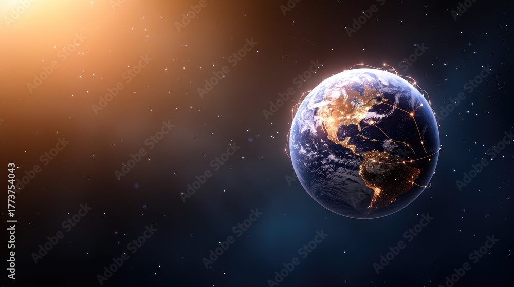 Obraz premium A vibrant Earth sphere surrounded by digital connections, illustrating global interconnectedness in a stunning, abstract backdrop