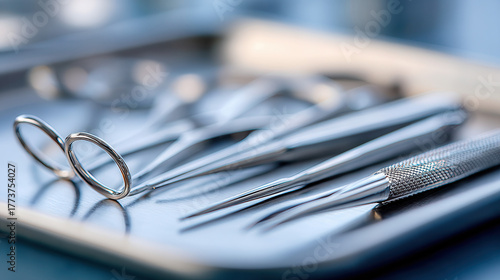 Sterile dental forceps and tweezers on surgical tray with shiny metal tools ready for medical use