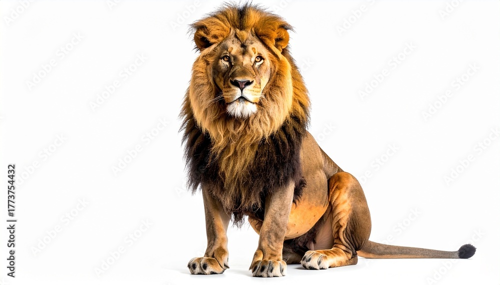 Fototapeta premium A full-body male lion with a dark mane and lighter fur sits facing forward against a clean white background, exuding strength, majesty, and calm authority in a bold, minimalist composition.