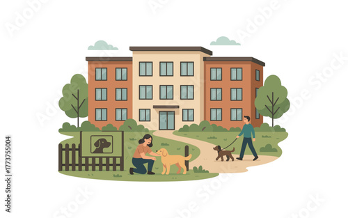 pet friendly apartment building with dog park and modern living concept flat vector illustration style isolated on white background