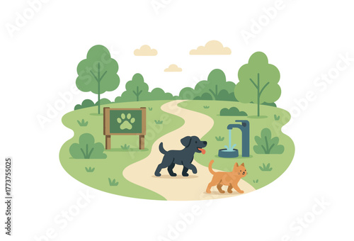 pet friendly park with walking trails and water stations for animals flat vector illustration style isolated on white background