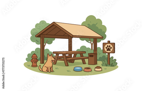 pet friendly picnic area with shade and amenities for animals and families flat vector illustration style isolated on white background