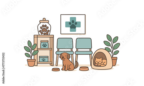 pet friendly vet clinic waiting area with treats and comfort space flat vector illustration style isolated on white background