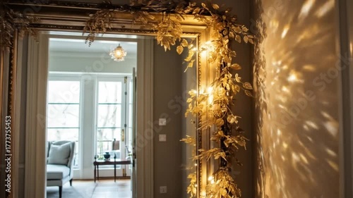A decorated mirror reflecting a cozy living room with white furniture and warm lighting