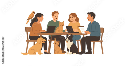 pet friendly coworking caf animals interacting and collaborative work vibe flat vector illustration style isolated on white background