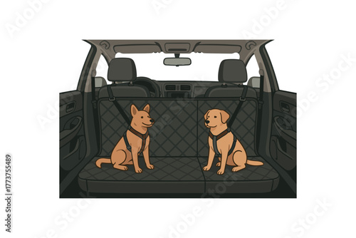 pet friendly interior travel setup with harnesses and pet covers flat vector illustration style isolated on white background