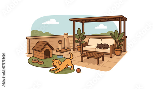 pet friendly rooftop terrace with pet play corner and relaxation zone flat vector illustration style isolated on white background