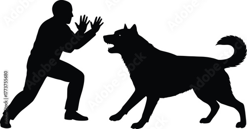 Dog confrontation silhouette, person defensive, barking, growling, fear, tension, aggression, threat, danger, posture, reaction, conflict, warning, animal, behaviorDog confrontation silhouette, 