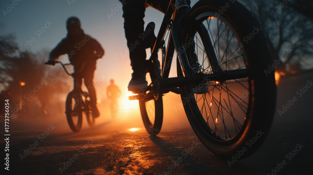 Obraz premium Dynamic cycling scene featuring mountain and road bikes in outdoor sunset setting with silhouettes of riders, capturing adventure, fitness, and outdoor activity