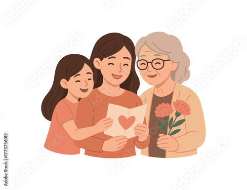 three generations celebrating mothers day grandmother mother and daughter bonding flat vector illustration style isolated on white background