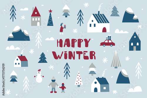 Festive winter vector set of elements in Scandinavian style