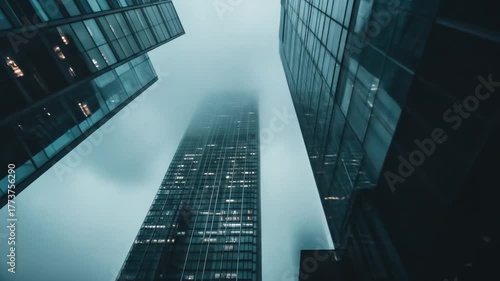 Low angle view of modern glass skyscrapers disappearing into thick fog, urban architecture in a moody, overcast city scene.