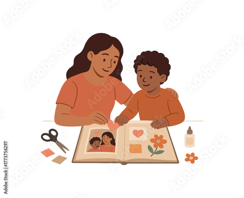 mom and child creating scrapbook together mothers day memory making activity flat vector illustration style isolated on white background