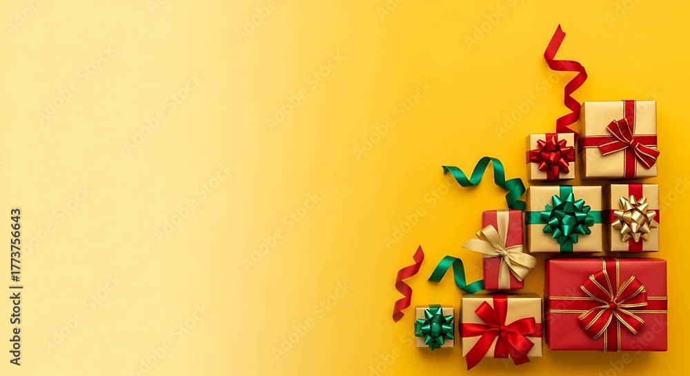 Fototapeta premium Christmas Background with Yellow Gradient and Gift Boxes with Ribbons on Dark Side