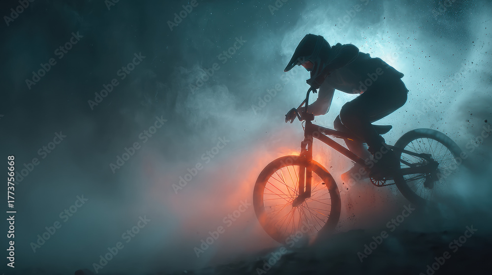 Obraz premium Dynamic mountain biking scene capturing athlete riding rugged trail at dusk with water spray, motion blur, and vibrant outdoor scenery in a professional sports setting