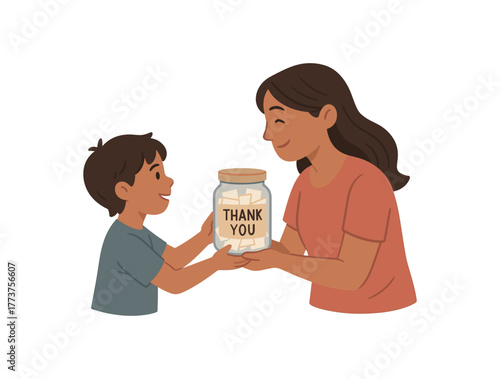 child gifting mother thank you jar filled with handwritten messages flat vector illustration style isolated on white background