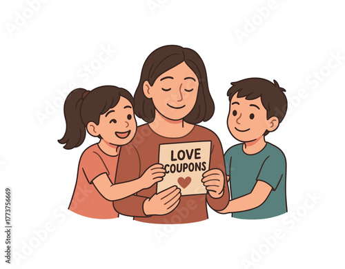 mother receiving love coupons from kids creative and personal gift idea flat vector illustration style isolated on white background