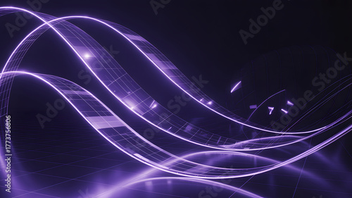 Purple Data Wave Flowing on Grid. Abstract digital wave of glowing purple lines and geometric patterns moving over reflective grid surface, symbolizing data streams, technology, and futuristic concept