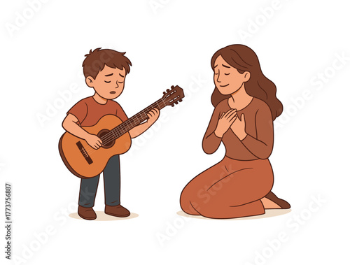 child performing solo music piece for mom heartfelt and emotional celebration flat vector illustration style isolated on white background