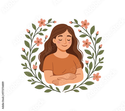 mother surrounded by blooming vines the love she nurtures flat vector illustration style isolated on white background