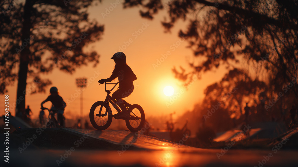Obraz premium Vibrant outdoor scene of cyclist riding bicycle during sunset with scenic horizon, nature silhouette, adventure, leisure activity, outdoor recreation, and scenic landscape