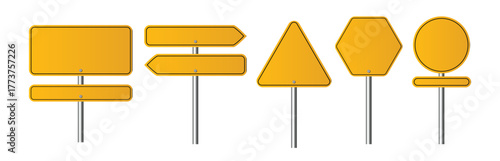 Road street board sign vector design. Highway signboard traffic signpost yellow symbol icon. Empty traffic sign board for text. Warning, information concept. Vector illustration.