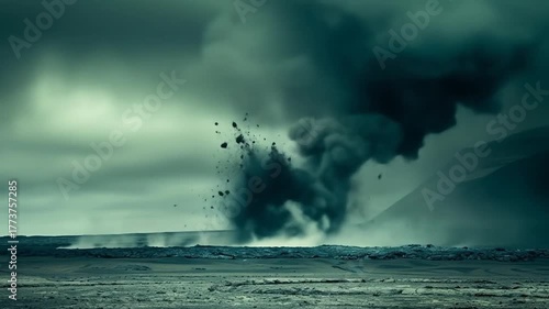 Powerful ground explosion creating a mushroom cloud of dark smoke and flying debris in a desolate, rugged landscape under a dramatic, moody sky.