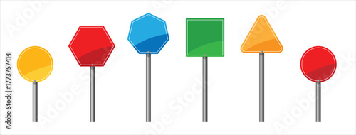 Set of road traffic signs. Realistic Colorful road sign set. Empty traffic banners and blank road signs, giving information to drivers. Vector signboard. 