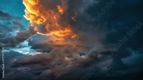 Dramatic sky with powerful, golden-lit storm clouds at sunset or sunrise. Intense weather spectacle, natural beauty, atmospheric.