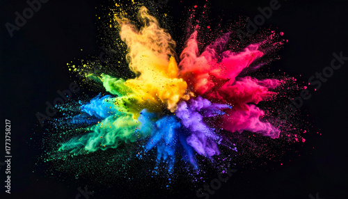 Exploding cloud of colorful powder particles captured mid-air, vibrant rainbow colors on black