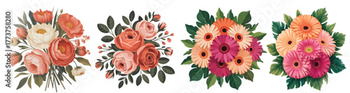 Four floral arrangements featuring roses and gerbera daisies with green leaves on a transparent background