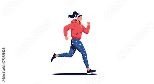 Woman with dark hair wearing a red hoodie and patterned leggings running outdoors.