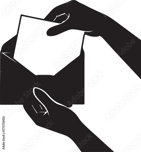 a pair of hands holding an open brown envelope with a blank white sheet of paper inside silhouette vector