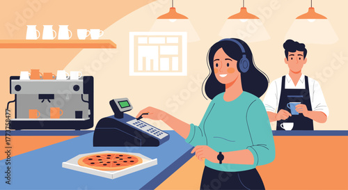 Woman at pizza shop checkout, cashier ringing up pizza order while coworker prepares coffee, creating a welcoming cafe environment.