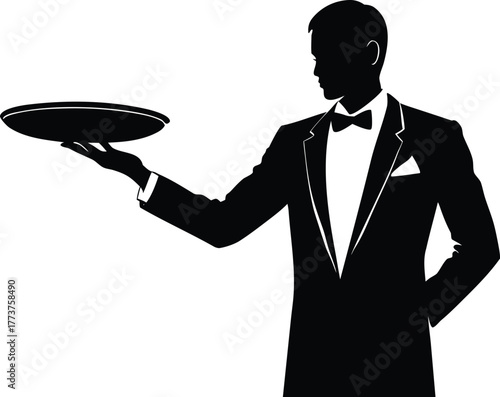  A person in formal attire, likely a waiter or server, holding up an empty silver platter silhouette vector